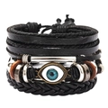 Macro detail of multi-layer men's bracelet featuring blue evil eye and leather cords - Cyan Evil Eye Metal Beads Black Style (RH268-9)