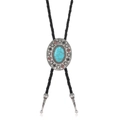 Vintage Bolo Tie with turquoise pendant and engraved silver medallion on black cord - Geometric Enamel Turquoise Style (04)