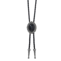Dettaglio della cravata bolo vintage con base in argento inciso e pietra nera - Stile Ovale Nero Base Argento (03)