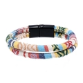 Bohemian multi-layer fabric bracelet with colorful geometric patterns and magnetic clasp - Yellow Blue Geometric Stripes (RH126-8)