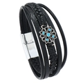 Men's multilayer black leather bracelet featuring a blue stone daisy charm and magnetic clasp - Black