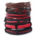 Set bracciale multistrato uomo in pelle intrecciata nero rosso e marrone stile punk retro - Multicolore