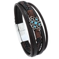 Men's multilayer braided leather bracelet with blue stone floral metal centerpiece - Brown