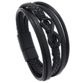 Macro detail of men's black braided leather bracelet featuring a black infinity symbol - Black