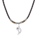 Yin Yang pendant necklace with beaded brown braided cord and vintage metal beads - White
