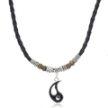 Detail of hand-woven black leather cord necklace with vintage Yin Yang fish pendant charms - Black