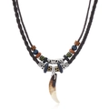 Tribal style necklace featuring faux animal tooth pendant and colorful wooden beads on cords - Tribal Animal Tooth Pendant Style / Multicolor