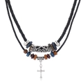 Collana da uomo retrò a doppio strato con perline, ciondolo a croce e cordino intrecciato - Multicolore
