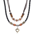 Vintage bohemian layered wooden bead necklace with an antique heart pendant on cord - Multicolor