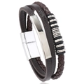 Vue détaillée du bracelet multicouche en cuir tressé marron avec fermoir magnétique - café