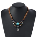 Bohemian double-layer beaded necklace with turquoise stone and silver flower pendant - Metal Flower Pendant Style