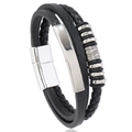 Détail d'un bracelet multicouche en cuir tressé noir avec fermoir magnétique en métal - Noir