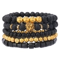 Détail du lot de 5 bracelets en perles de lave noire avec tête de lion dorée - Noir