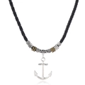 Close-up of nautical anchor pendant with vintage beads and black braided cord necklace - Anchor