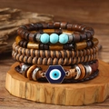 Mehrlagiges Boho Armband Set aus Holzperlen und Leder mit blauem Evil Eye Anhänger - Böser Blick Geflochtenes Leder Stil