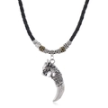 Detail of vintage dragon tooth pendant necklace with black braided cord and beads - Alloy Wolf Tooth