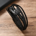 Meerlaagse zwarte leren heren armband met tijgerkop en magnetische sluiting - Zwart