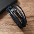Detail of punk multilayer braided leather bracelet with black matte skull metal clasp - Leather Bracelet / Navy Blue