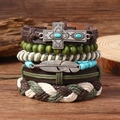 Set bracciali multistrato in pelle stile boho con croce turchese e piuma metallica - Set Croce + Foglia