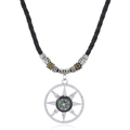 Close-up of retro compass pendant with alloy beads on adjustable black woven cord - Compass