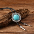 Vintage western bolo tie with sunflower turquoise pendant and black leather cord - Sunflower Style (RH668-2)