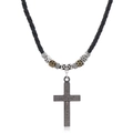Detail view of woven rope necklace with cross pendant engraved with scripture and vintage beads - Bible Cross