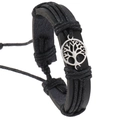 Close-up of multilayer black leather woven bracelet with silver Tree of Life pendant - Black Tree of Life