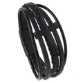 Men's multilayer black braided leather bracelet with a metal cross and magnetic clasp - Black Leather Black Buckle
