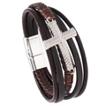 Detail of multi-layer leather bracelet for men featuring a silver cross and magnetic clasp - Brown Leather Silver Clasp