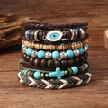 Bracciale bohémien multistrato con occhio di Allah, croce turchese e lacci in pelle - Set Malocchio + Croce