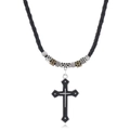 Detail of men's beaded necklace featuring a large black cross pendant and woven cord - Dark Cross