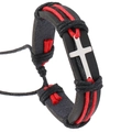 Detail of leather punk bracelet featuring a silver cross and red woven rope design - Red Cross