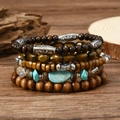 Five-piece turquoise bead bracelet set with bohemian wood accents and leaf pendant charms - Turquoise Leaf Charm Style (1)