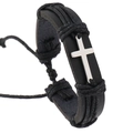 Detail of black braided leather bracelet featuring a silver metal cross and adjustable cord - Black Cross