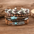 Bracciale boho multistrato con perle turchesi, cinturino in pelle e ciondoli tartaruga e piuma - Stile Ciondolo Tartaruga e Piuma (3)