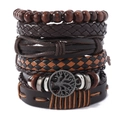 Men's multi-layer leather bracelet set with tree of life metal charm and wooden beads - Brown