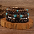 Retro turquoise and wooden bead bracelet set for men with silver metal accents - Natural and Dark Brown Carved Style