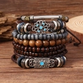 Détails de bracelets multicouches bohèmes avec cuir tressé et breloques bleues - Ensemble de Fleurs en Émail