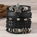 Set bracciali punk da uomo in pelle nera intrecciata con ciondoli a teschio e stelle - Nero