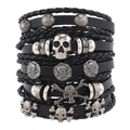 Men's punk leather bracelet set featuring skull charms and vintage silver metal studs - Five-Piece Combination Style