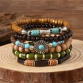Bohemian multilayer wood bead bracelet set with turquoise accents and sunflower charm - Multicolor