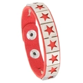 Detail of red leather cuff bracelet featuring five-pointed star silver metal studs - Red