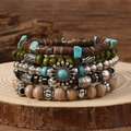 Bracciale multistrato bohémien in legno con ciondolo girasole turchese vintage - Marrone Scuro