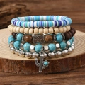 5pcs bohemian beaded bracelet set with turquoise beads, cactus charm and wood accents - Bohemian Beaded Style (RH696) / Multicolor