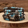 Bracciale multistrato bohémien con corona e perline turchesi su base in legno - Multicolore