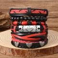 Meerlagige lederen armbandenset met vintage Love-plaatje en houten kralen - Zwart en rood hart meerlagige stijl