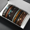 Detail of vintage multilayered men's bracelet set with leather, wood beads, and feather charms - Metal Feather Pendant Style (04)