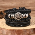Vintage punk black leather multi-layer bracelet with sun pattern charm on wood base - Black