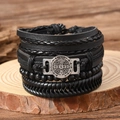 Bracciale multistrato uomo in pelle vichinga con perline e ciondolo argento vintage - Nero