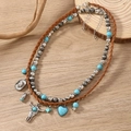 Bohemian multi-layer necklace set with turquoise bull skull and heart pendants - Multicolor